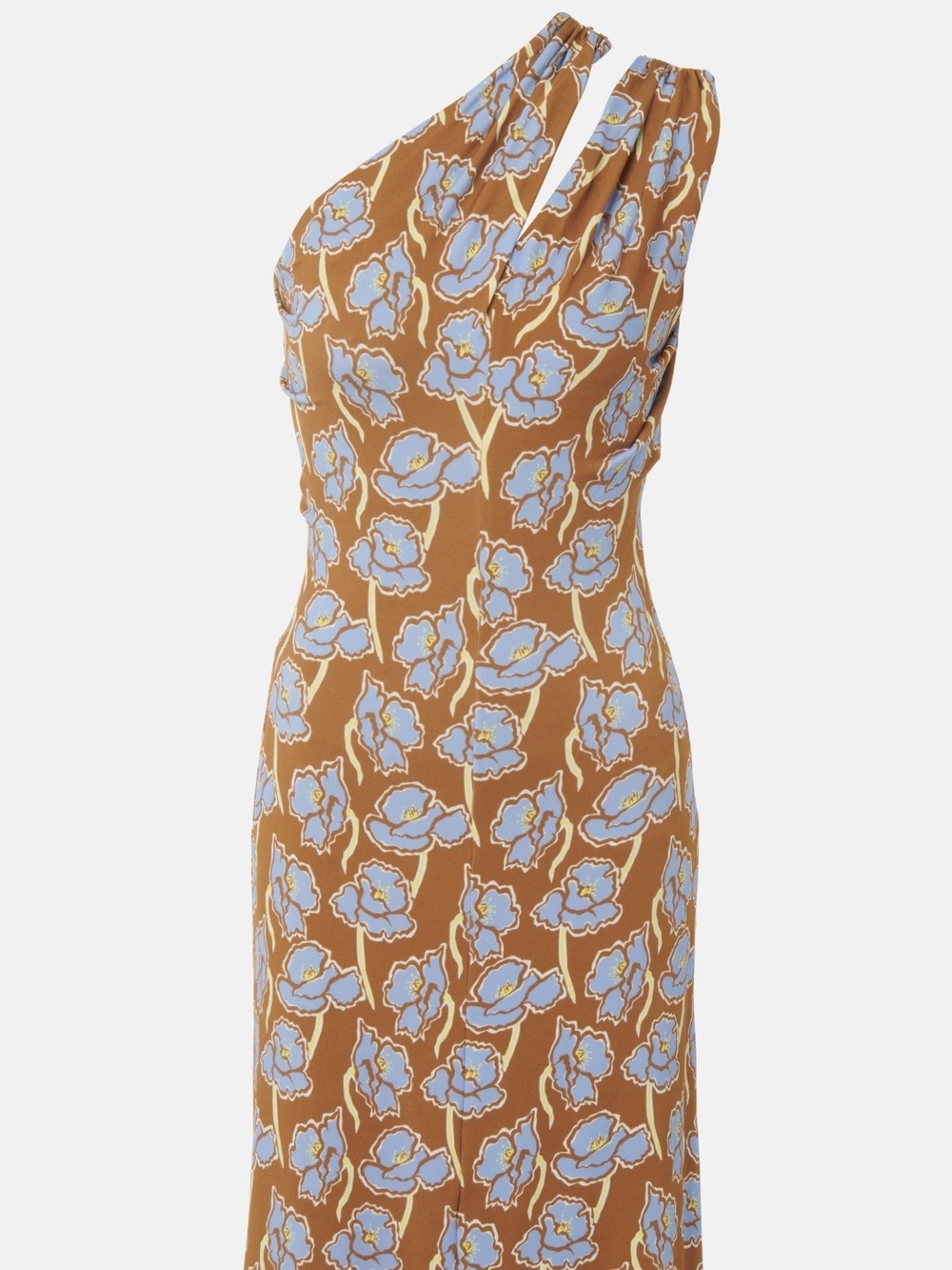 Versace Brown One-Shoulder Dress with Light Blue Floral Print